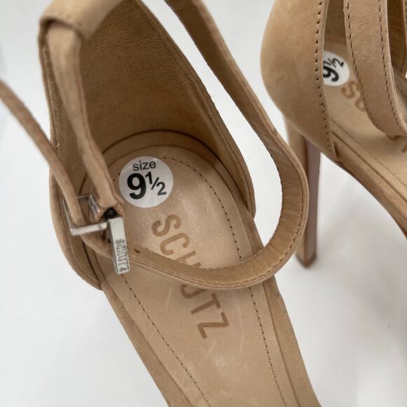 SCHUTZ Linsey Heels Size 9.5 Nubuck Leather Light Nude Rhinestone Square Toe - Picture 3 of 16